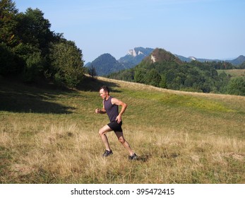 Fell Running. Caucasian Male Runner In Mountains. Summer, Pieniny, Poland.