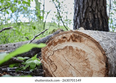Felled trees in a spring forest