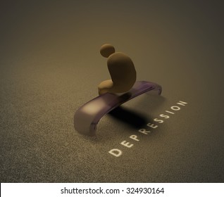 Felling depressed 3D visualization of a lonely human sitting on a bench and behind him is written word depression.  
