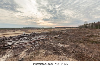 Felling Forests Near The Sand Pit. Human Impact On The Environment.