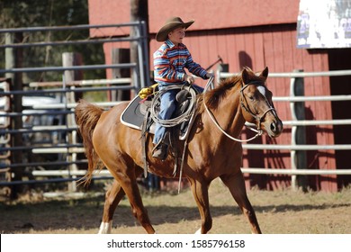 FELLSMERE FL - USA - DECEMBER 7 2019 - A Child Gallops His Horse While Waiting For His Turn Of Participation During The Free Event 