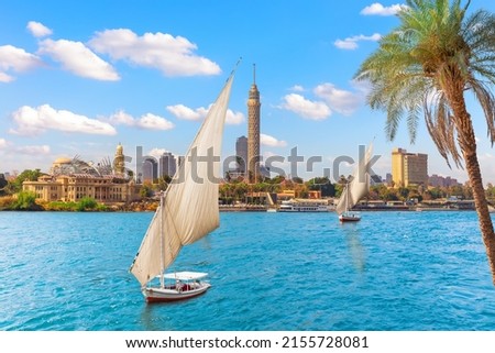 Feluccas in the Nile in front of the Tower of Cairo, Egypt