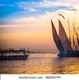 Feluccas At Sunset - Traditional Sail Vessel On Nile River In Egypt. Silhouettes Of Egyptian Sail Boats - Shoreline On The Nile In Evening.