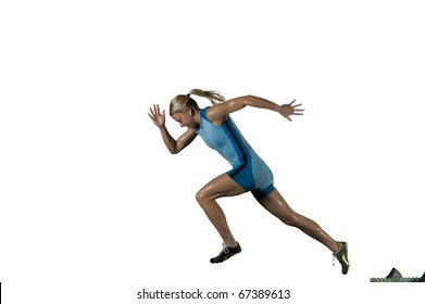 Femaile Sprinter Leaps From Starting Block.