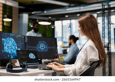 Female admin using multiple devices consulting AI LLM chatbot for tips on how to enhance system performance. Young tech company worker doing internship relying on AI assistant to automate manual tasks