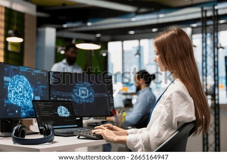Female admin using multiple devices consulting AI LLM chatbot for tips on how to enhance system performance. Young tech company worker doing internship relying on AI assistant to automate manual tasks