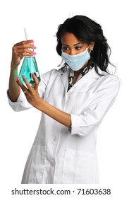 Female African American Lab Technician Analyzing Liquid In Flask Isolated Over White Background