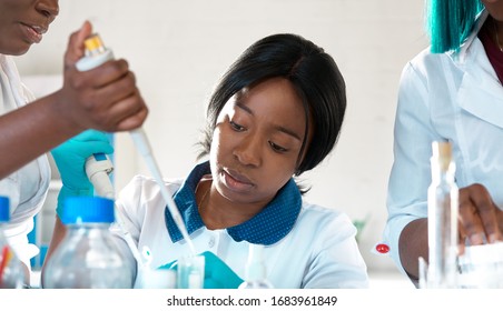 Female African medical students, young graduates in research laboratory or medical test lab performing various testing on samples. Microscopic analysis biopsy, pcr nucleic acid test for coronavirus. - Shutterstock ID 1683961849