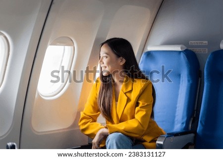 Female airplane passengers asian chinese people Entrepreneurs on Flight, Venturing Overseas Investments. Global Business Expansion, Foreign Markets, Strategic Financial Moves. Women in Business Suits