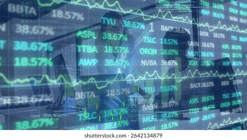 Female analysts in blazers examining stock data on monitors in office, with chart overlays. Finance, data analysis, teamwork, corporate, technology, professional, productivity