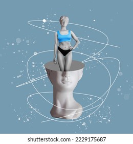 Female antique statue's head with slim fit woman in the cut isolated on blue color background. The beauty inside. Trendy collage in magazine surreal style. 3d abstract contemporary art. Modern design - Powered by Shutterstock