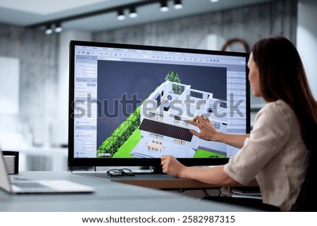 Female architect using 3D software to remodel estate floor plan.