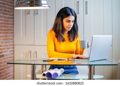 Female Architect Working At Home With A Laptop And Blueprints. Persian Woman. Persian Woman With A Coffee Mug.