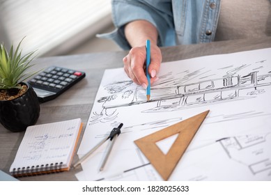 Architect Working On Blueprint Architects Workplace Stock Photo (Edit ...