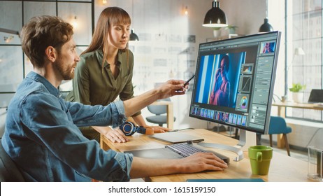 Female Art Director Consults Designer Colleague, They Work on a Portrait in Photo Editing Software. They Work in a Cool Office Loft. They Look Very Creative and Cool. - Shutterstock ID 1615159150