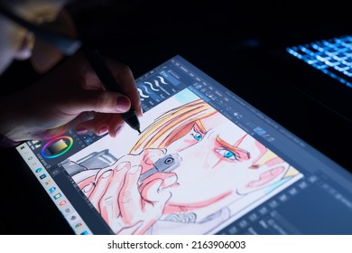 Female Artist Doing A Carton Design With A Digital Wacom Tablet, Jun 02th 2022.