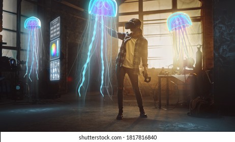 Female Artist Wearing Augmented Reality Headset Working on Abstract 3D Jellyfish Sculpture with Joysticks, Uses Gestures To Create High-Tech Internet Multimedia Concept Art.3D Animation Special Effect - Powered by Shutterstock