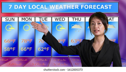 Female Asian American Meteorologist Gestures To Weather Chart, Original Design Elements