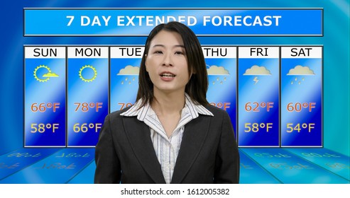 Female Asian American Meteorologist Reporting Weather, Original Design Elements