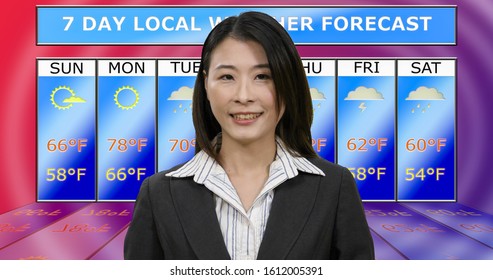 Female Asian American Meteorologist Reporting Weather, Original Design Elements