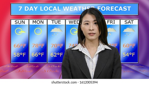 Female Asian American Meteorologist Reporting Weather, Original Design Elements