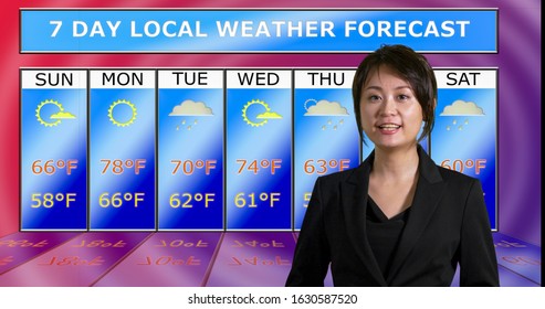 Female Asian American Meteorologist Reporting Weather, Original Design Elements