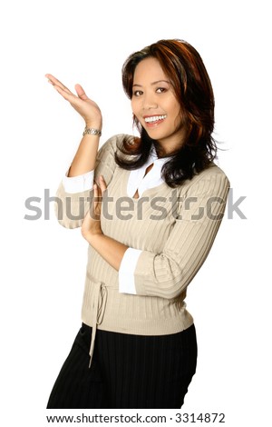 Female Asian businesswoman in a gesture of presenting, one palm facing upwards and away. Isolated on white background.