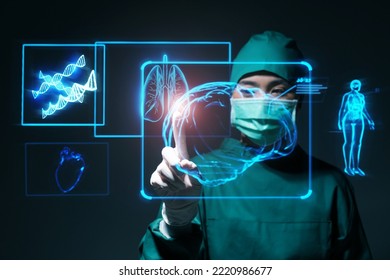 Female asian doctor specialist brain surgeon using computer holographic display screen technology artificial intelligence assistance AI, operation simulation augmented reality medical healthcare tech