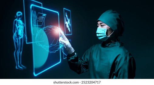 Female asian doctor specialist brain surgeon using computer holographic display screen technology artificial intelligence assistance AI, operation simulation augmented reality medical healthcare tech