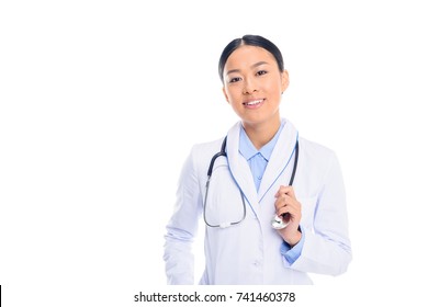 Female Asian Doctor In White Coat With Stethoscope, Isolated On White