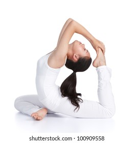 Female Asian Teenager Doing Yoga Against White Background