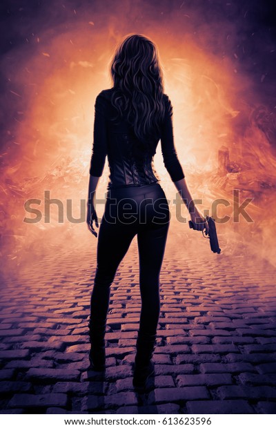 Female assassin\
with a gun, digital\
artwork.