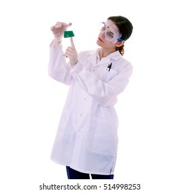 Female Assistant Scientist In White Coat And Plastic Protective Glasses Over White Isolated Background Inspecting Flask Filled With Substance, Healthcare, Profession, Science And Concept