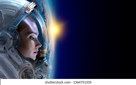 Female astronaut in space on planet orbit. - Powered by Shutterstock