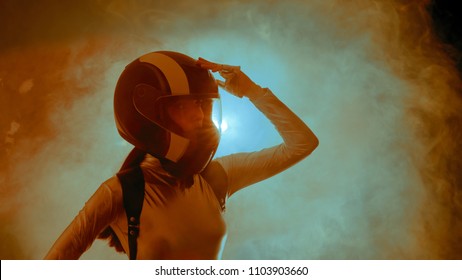 Female Astronaut Spatial Mission Sci-Fi Portrait. Cosmonaut woman wearing spacesuit and helmet 

