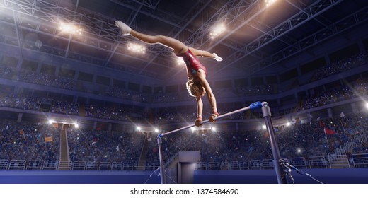 Female athlete doing a complicated exciting trick on horizontal gymnastics bars in a professional gym. Girl perform stunt in bright sports clothes - Powered by Shutterstock