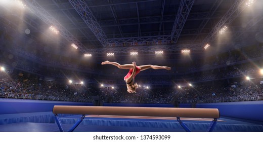 Female athlete doing a complicated exciting trick on gymnastics balance beam in a professional gym. Girl perform stunt in bright sports clothes - Powered by Shutterstock