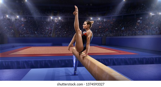 Female athlete doing a complicated exciting trick on gymnastics balance beam in a professional gym. Girl perform stunt in bright sports clothes - Powered by Shutterstock