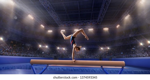 Спортсменка выполняет сложный захватывающий трюк на гимнастическом бревне в профессиональном тренажерном зале. Девушка выполняет трюк в яркой спортивной одежде