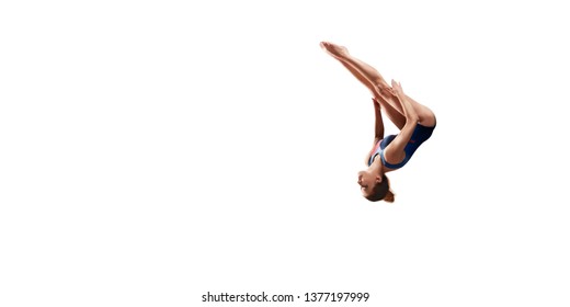 Female athlete doing a complicated exciting jump trick on white background. Isolated Girl perform stunt in bright sports clothes - Powered by Shutterstock