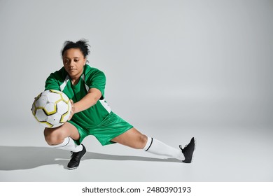 A female athlete in a green soccer jersey stretches on a white background, ready to play. - Powered by Shutterstock