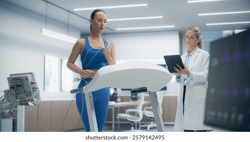 Female Athlete Performs a Cardiopulmonary Exercise Test on a Treadmill in a Modern Medical Lab, Monitored by a Healthcare Professional Using Advanced Equipment for Research and Healthcare Analysis