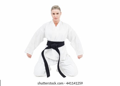 Female Athlete Practicing Judo On White Background