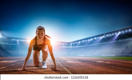 Female athlete ready to run. Mixed media - Powered by Shutterstock