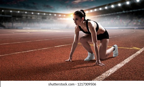 Female athlete ready to run. Mixed media - Powered by Shutterstock