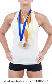 Female Athlete Wearing Medals On White Background