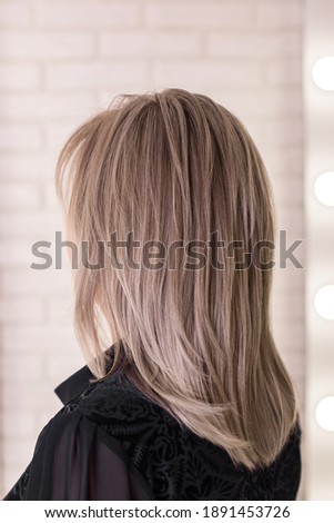 
Female back with long, straight, grey, blonde hair, on beauty salon background Stock photo © 