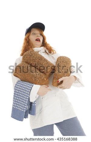 Female baker chef with red hair and baked bread  isolated over white background