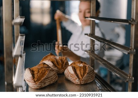 female baker takes out freshly baked fresh bread from the oven and puts it on the shelf in kitchen of the bakery Culinary profession