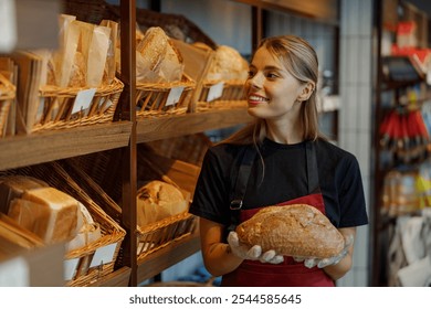 A female baker truly enjoys her time spent in the cozy bakery, proudly holding freshly baked artisan bread - Powered by Shutterstock